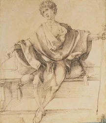 Sitzender Jugendlicher mit Waage und Stock, 1498